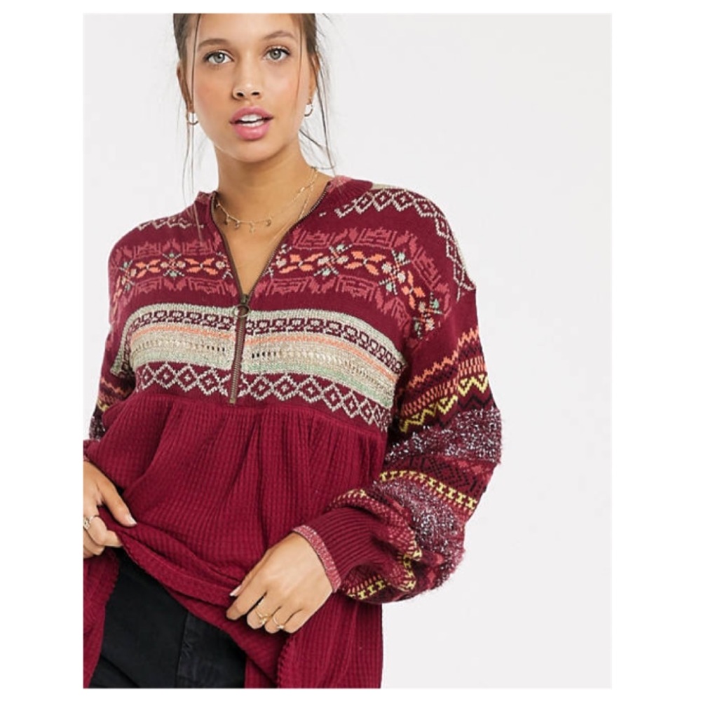 Free People Cozy Cabin Winter Fair Isle Peplum Sweater in Pomegranate Wine XS